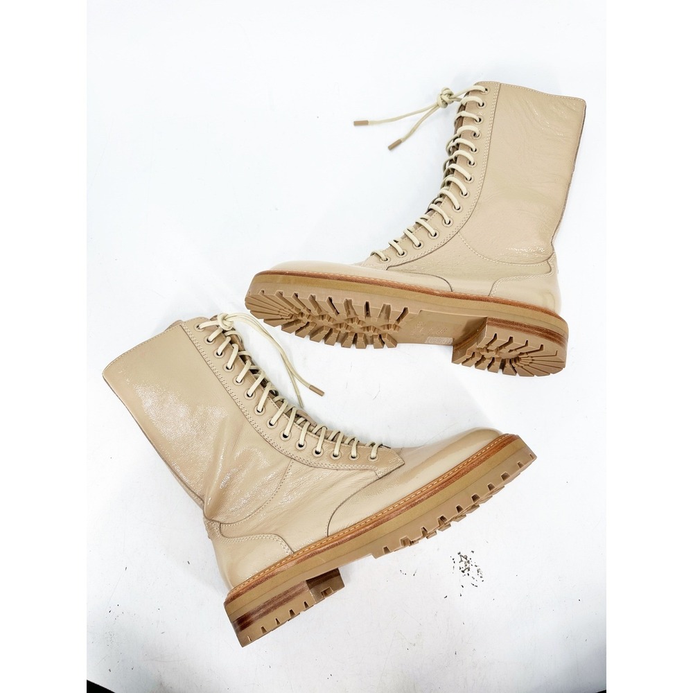 Jimmy Choo Cora Combat Boots 39.5 Beige Patent Leather Lug Sole Luxury Designer - Picture 3 of 14